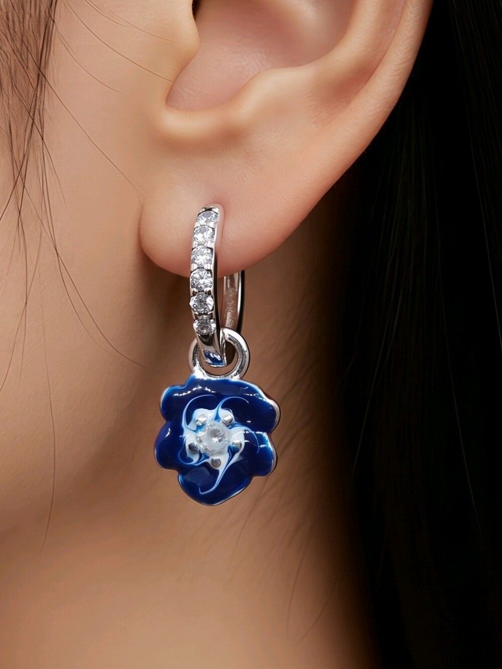 Blue Pansy Sterling Silver Floral Earring S925 Zircon Lever Back Hoop Pierced